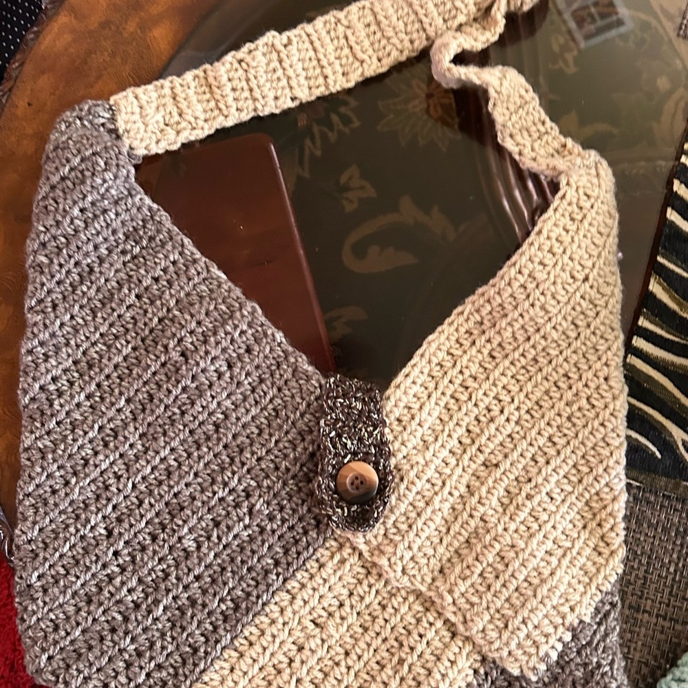 Handcrafted Crochet Crossbody Bag - Beige and Gray